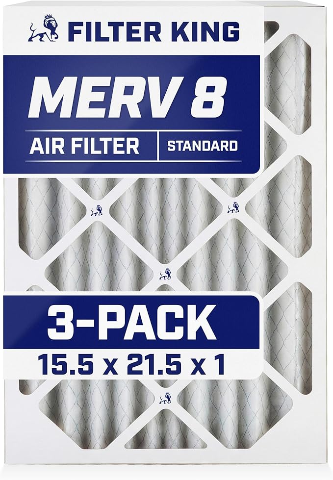 Filter King 15.5x21.5x1 Air Filter (MERV 8) (3-Pack) Dust & Allergy Control AC Furnace Filters, MADE IN USA, HVAC, Pleated, Electrostatic (Actual Size: 15.5 x 21.5 x .75)
