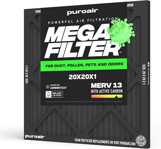 PuroAir MegaFilter - 20x20x1 Air Filter MERV 13 Activated CarbonTech Defense - Heavy Duty 3 Layer Furnace Filters Allergens, Pollen, Dust, Pet Dander, Smoke, Odors - HVAC Air Filter 20x20x1 (1-Pack)