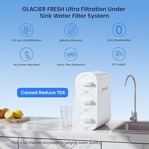 GLACIER FRESH GFU06 0.01μm Ultra Filtration Under Sink Water Filter System, Tankless Ultra Compact Design, with Faucet, No Electricity & Waste Water, Preserve Beneficial Minerals No TDS Reduction