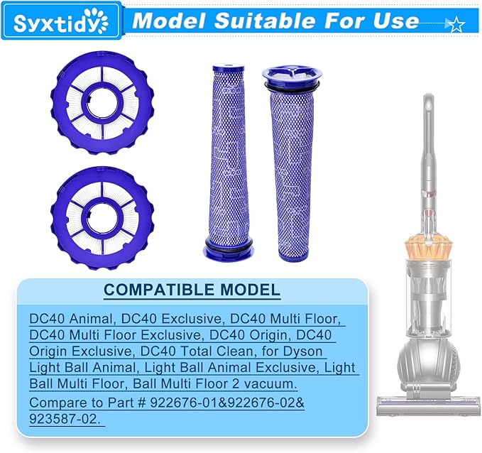 Filter Replacement for Dyson DC40 Multi Floor,DC40 Animal,Light/Slim Ball Animal, Origin and Total Clean Vacuums, Part 923587-02 & 922676-01,2 Post-Motor & 2 Pre-Motor Filters
