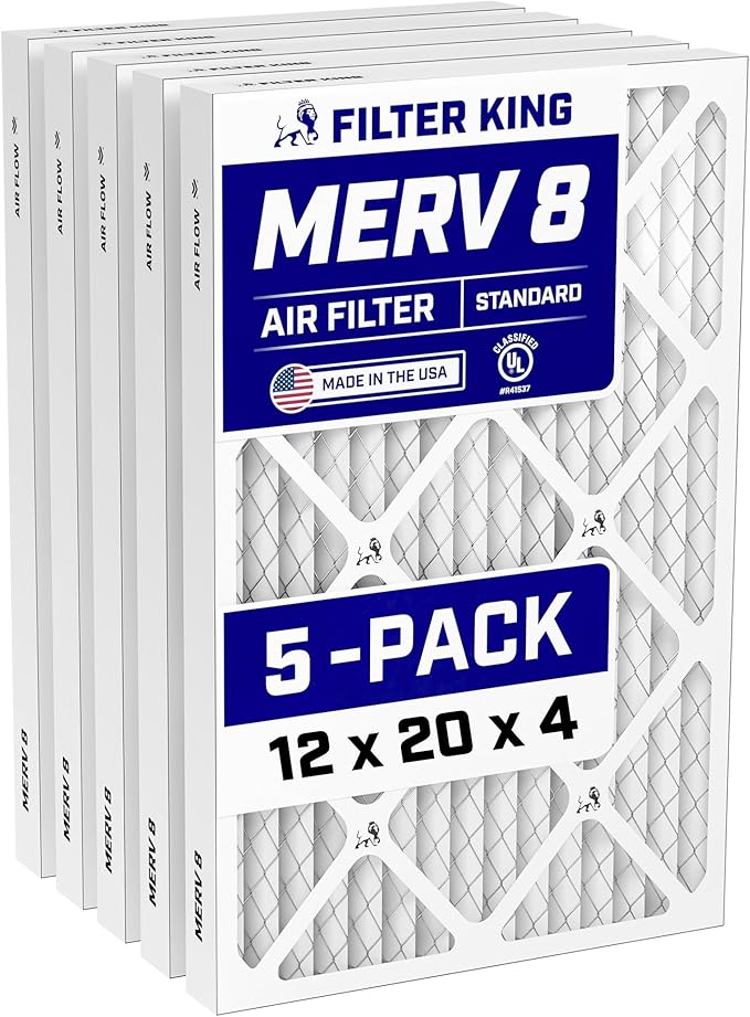Filter King 12x20x4 Air Filter (MERV 8) (5-Pack) Dust & Allergy Control AC Furnace Filters, MADE IN USA, HVAC, Pleated, Electrostatic (Actual Size: 11.5 x 19.5 x 3.75)