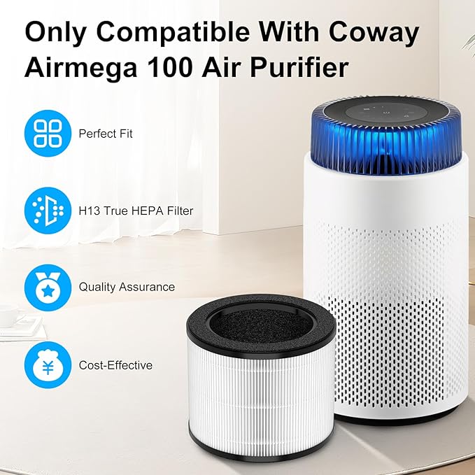 2 Pack Airmega 100 Filter Replacement Fit for Coway Airmega 100 Air Puri-Fier for Bedroom Home up to 810 ft², 3-in-1 H13 True HEPA and Deodorization Filter