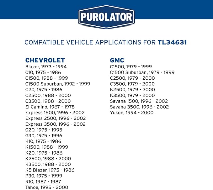 Purolator TL34631 PurolatorTECH Spin On Oil Filter Compatible With Chevrolet C1500, Tahoe, C10, C2500, C3500, Express 3500, K10, K3500, C1500 Suburban, GMC C1500 and Yukon