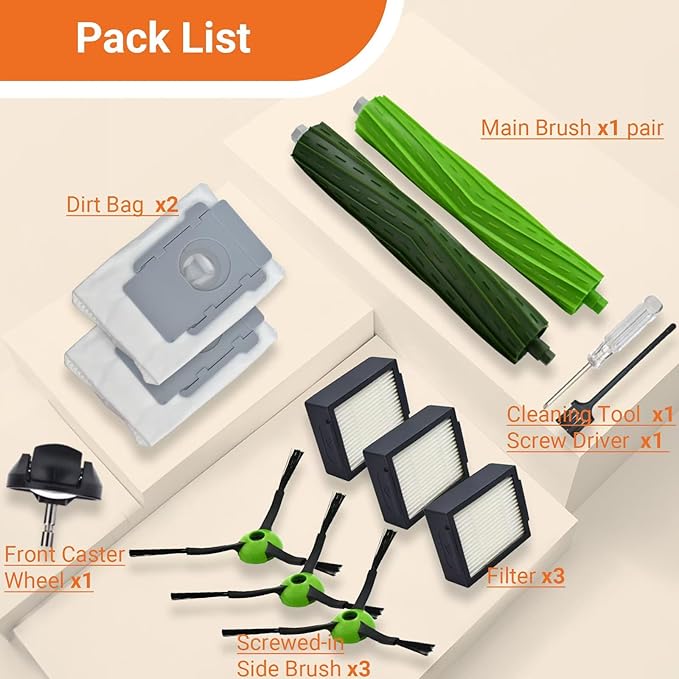 Replacement Parts Compatible with iRobot Roomba J7 J7+ J5 J5+ J6 J6+ J8 J8+ J9 J9+ Vacuum Cleaner Accessories Kit,Front Caster Wheel,Rubber Roller Brushes,3 HEPA Filters,3 Side Brushes,2 Bags