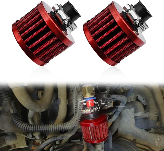 2 Pieces 12mm Universal Air Filter and Crankcase Breather Kit High Flow Cold Air Intake Filter, Turbo Vent Valve Cover Breather for Car Motorcycle Red