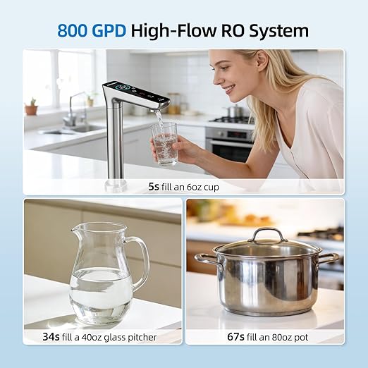 MIZUDO Reverse Osmosis Water Filter Tankless, 9 Stage Reverse Osmosis System, Instant Hot/Cold Water Dispenser, Smart WiFi 800GPD Reverse Osmosis Under Sink, 3:1 Pure to Drain, Child Safety Lock