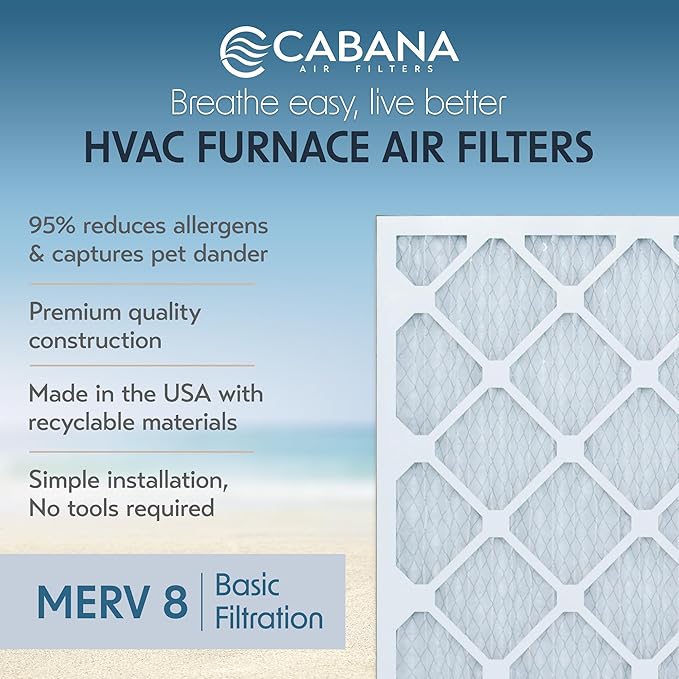Cabana Filters 6-Pack 20x24x1 MERV 8 AC Furnace Air Filter for Home and Office - Indoor HVAC System Filtration Replacement, Captures Unwanted Particles