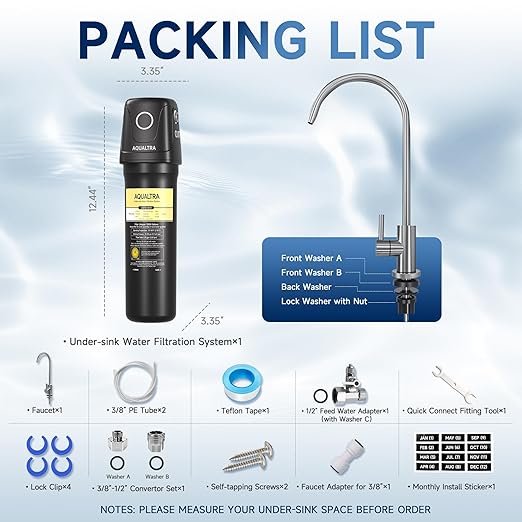 AQUALTRA USF01-BKF Under Sink Water Filter System, 12K Gallons with Faucet, NSF/ANSI 372 Certified, 0.5 μm Carbon Fiber Filter Reduces PFAS, Chlorine, Lead, Chloramine, Fluoride, Bad Taste & Odor