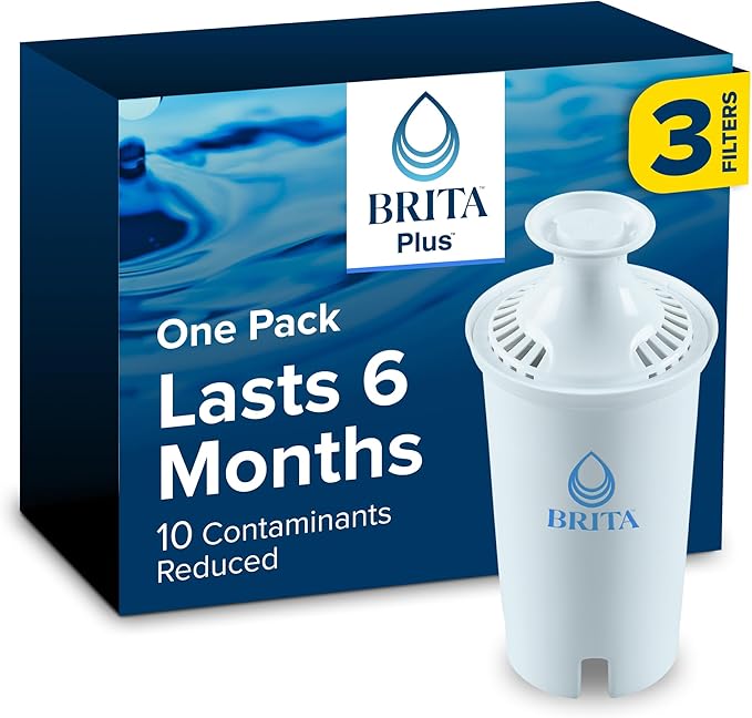Brita Plus Water Filter, BPA-Free, High-Density Replacement Filter for Pitchers and Dispensers, Reduces 2x Contaminants*, Lasts Two Months or 40 Gallons, Includes 3 Filters