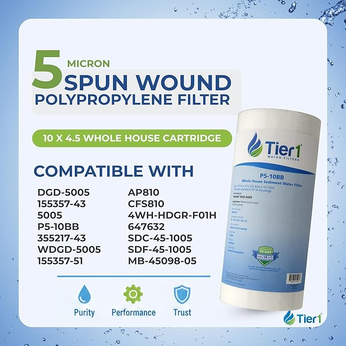 Tier1 5 Micron 10 x 4.5 Water Filter | Spun Wound Polypropylene Whole House Water Filter Cartridge | Replacement for Pentek DGD-5005, WDGD-5005, 155357-43 | 4.5 x 10 Water Filter (12-Pack)