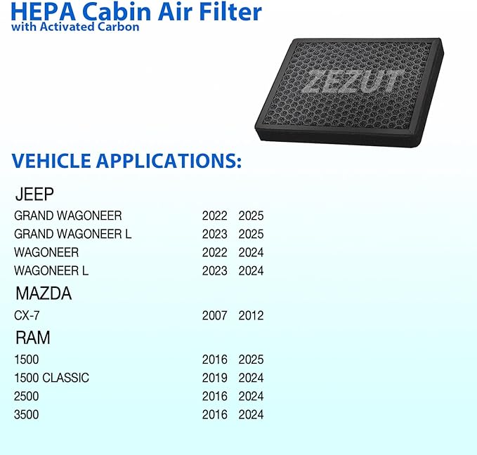 Cabin Air Filter CF11671 Fits RAM 1500/2500/3500 (2016-2025), 4500/5500 (2016-2023), Jeep Wagoneer (2022-2025), Mazda CX-7 (2007-2012), Honeycomb Structure, Activated Carbon Beads, Durable and Sturdy