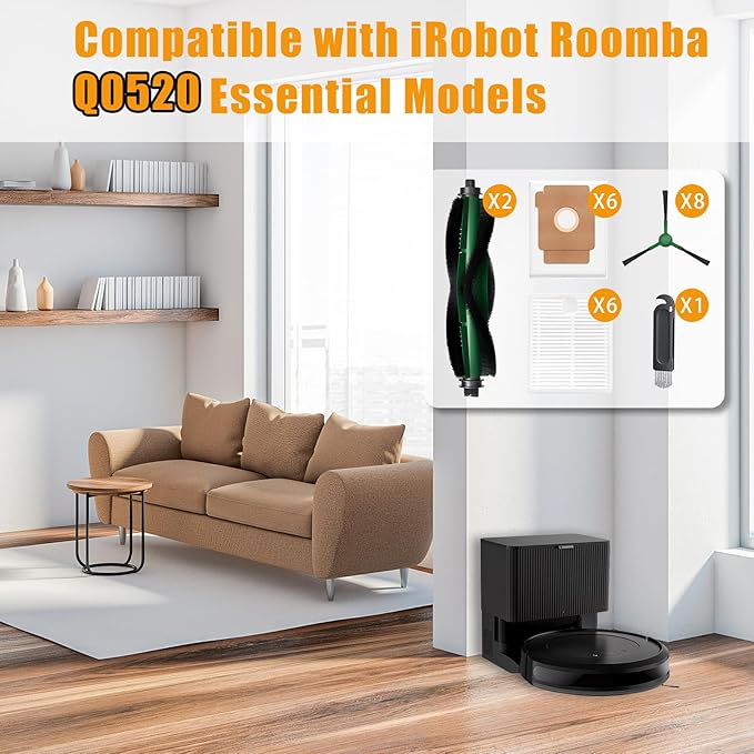 23 Pack Replacement Parts Compatible with iRobot Roomba Vacuum 2 Q0520 Essential Robot Vacuum, Accessory Kit with 2 Roller Brushes, 6 Filters, 6 Dust Bags, 8 Side Brushes, 1 Cleaning Tool