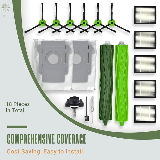 Replacement Parts Accessories Kit for iRobot Roomba J5+ J6+ J7+ J8+ J9+ J Plus Series Robotic Vacuum Attachment, 1 Front Caster Wheel, 1 Rubber Brush, 5 HEPA Filter, 6 Side Brush, 2 Dust Disposal Bag