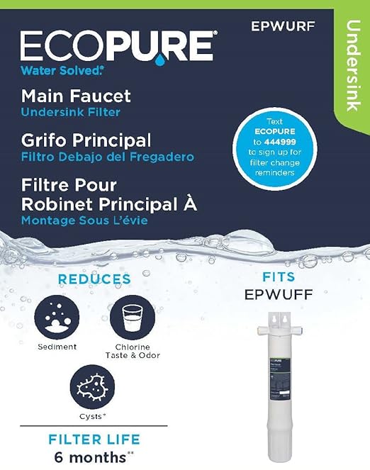 EcoPure EPWURF Main Faucet Replacement Filter – Fits EPWUFF System – NSF-Certified – Reduces Chlorine, Odor & Sediment – 6-Month Life – Quick, Mess-Free Changes
