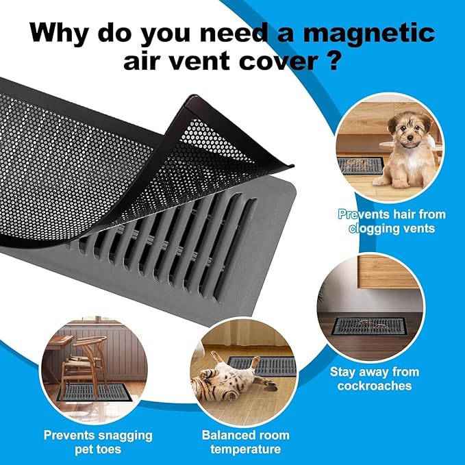 6 PCS Black Magnetic Vent Covers - 7"x13" Magnetic Air Vent Screen - for Floor/Wall/Ceiling Registers - Easy Install, Secure Fit - Durable (Black Mesh, 7x13 6-PCS)