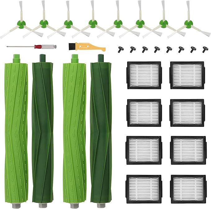 Replacement Parts Compatible with iRobot Roomba I, E & J Series i7 i7+ i2 i3 i3+ i4 i4+ i6 i6+ i8 i8+/Plus j6+ j7 j7+ E5 E6 E7, 2 Set of Multi-Surface Rubber Brushes, 8 HEPA Filters, 8 Side Brushes