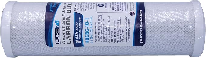 PureT HQCBC-10-1, 10x2.5" Coconut Carbon Block Filter - NSF Certified - Cononut Shell Activated Carbon removes Chlorine, Dirt and More (1 u Micron Rated)