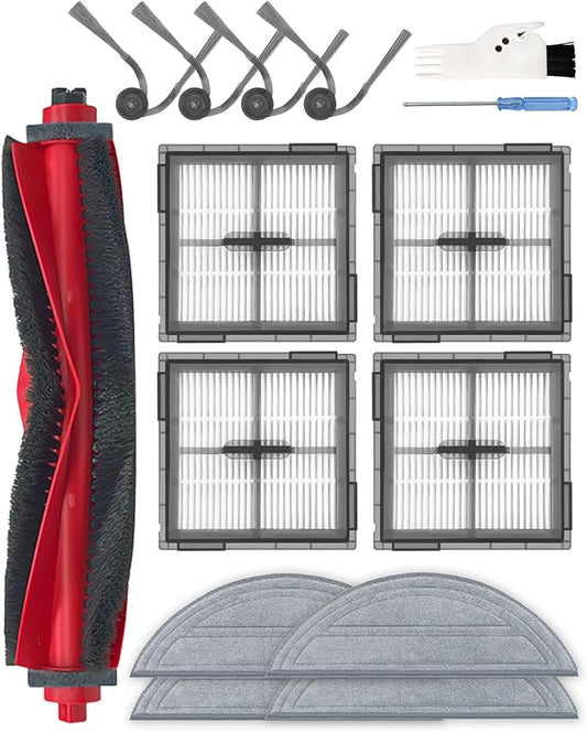 15 Pcs Replacement Parts for Roborock Q10 S5/Q10 S5+ Robot Vacuum Cleaner, Accessories Kit with 1 Main Brush, 4 Side Brushes, 4 HEPA Filters, 4 Mop Pads, 1 Cleaning Brush