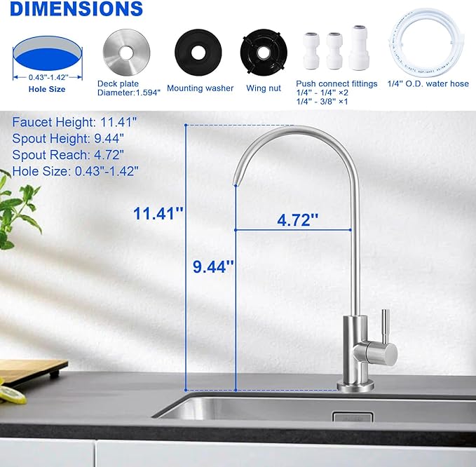 Drinking Water Faucet - Long Thread Stem Filtered Water Tap for Thick Countertop,Lead-Free RO Faucet with Hose and Push Connect Fittings(Brushed Stainless-Flat Top)