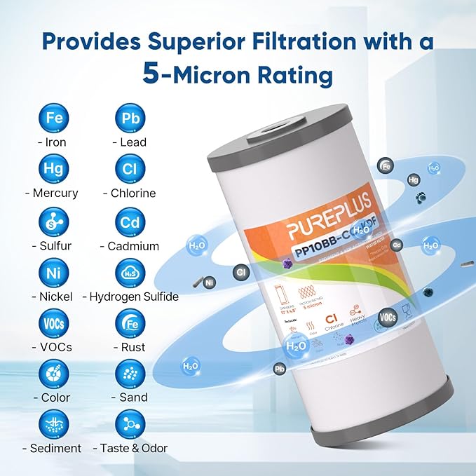 PUREPLUS 5 Micron 10" x 4.5" Whole House PP Sediment Carbon KDF Composite Heavy Metal Reduction Filter Cartridge for GE FXHTC,GXWH40L,GXWH35F,GNWH38S,Culligan RFC-BBSA,WRC25HD,Pentek RFC-BB,4Pack