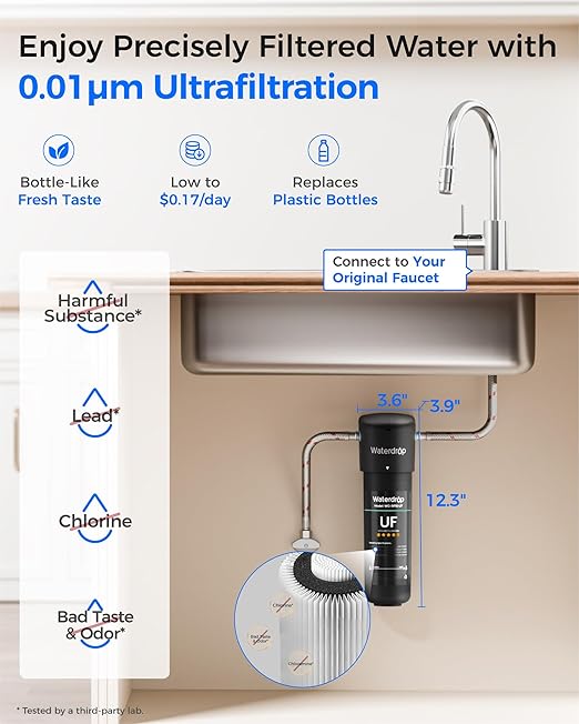 Waterdrop 10UA-UF 0.01 μm Ultra Filtration Under Sink Water Filter System, 1 Year, Reduces Lead, Chlorine, Bad Taste & Odor, Direct Connect to Kitchen Faucet, USA Tech