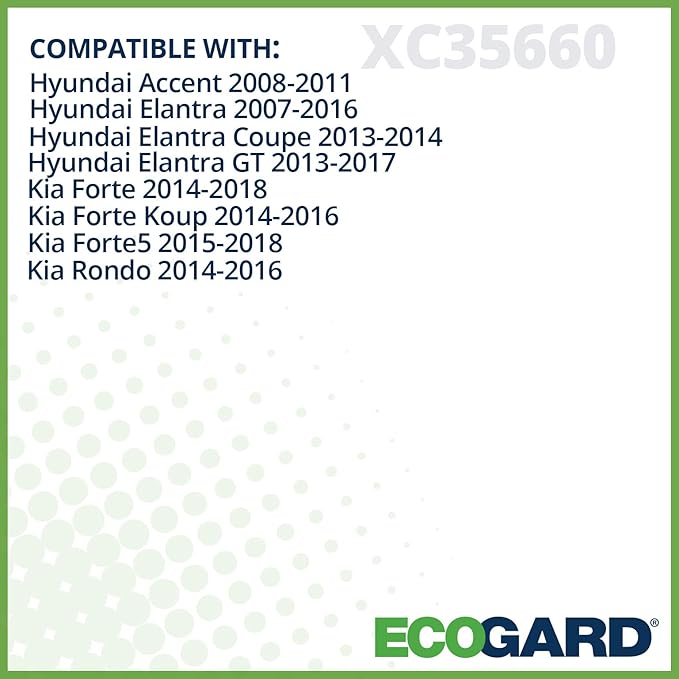ECOGARD XC35660 Cabin Air Filter Fits 2011-2016 Hyundai Elantra, 2014-2018 Kia Forte, 2008-2011 Hyundai Accent, 2014-2017 Elantra GT, 2014-2018 Kia Forte5, 2013 Hyundai Elantra Coupe