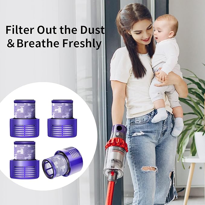 Keluke V10 Filter Replacement Compatible with Dyson V10 Cyclone Series, V10 Absolute, V10 Animal, V10 Total Clean, Replace Part No. 969082-01,4 Pack Filters and 1 Clean Brush