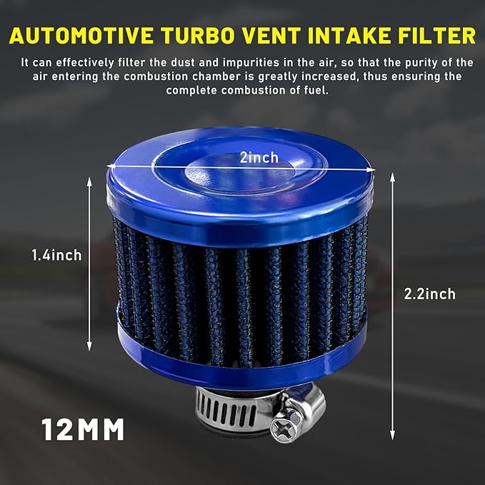 12mm Mini Air Filter, Universal Motor Cold Air Intake Filter Breather, Auto Turbo Vent Intake Filter Cleaner, Crankcase Breather Car Accessories for Motorcycle Engine Parts (Blue)