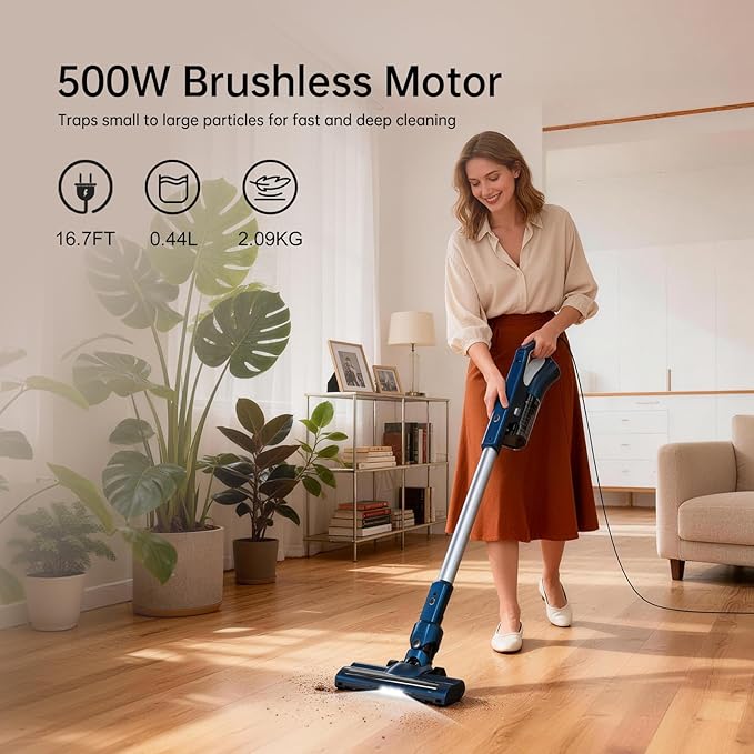Corded Stick Vacuum Cleaner, 500W Powerful Suction With Washable Filter, LED Lights & 16.7ft Power Cord, One-Touch Release Dust Cup, Converts To Handheld Vacuum For Home Hard Floors Carpet Pet Hair