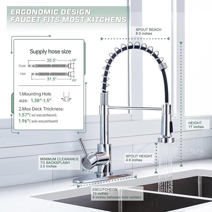 WEWE Chrome Kitchen Faucet, Faucet for Kitchen Sink with Pull Down Sprayer Kitchen Faucet with Deck Plate Stainless Steel Single Handle Spring for Farmhouse Utility Bar Laundry Sinks