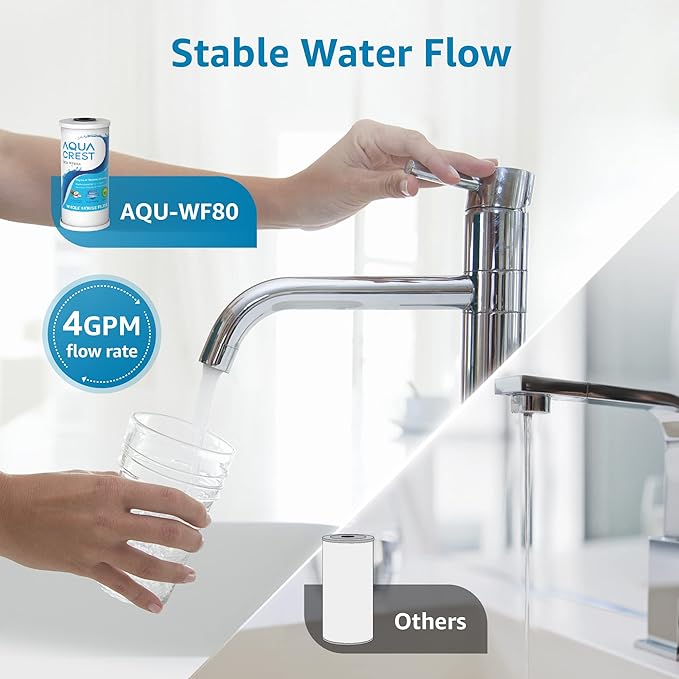 AQUA CREST FXHTC Whole House Water Filter, Well Water Filter Replacement for GE® FXHTC, GXWH40L, American Plumber W10-PR, Culligan® RFC-BBSA, W10-BC, Carbon Filters, 5 Micron, Pack of 4