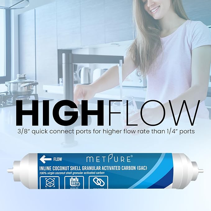 Metpure Inline GAC Water Filter 2" x 10" x 3/8" OD. Coconut Shell Granular Activated Carbon for RO Reverse Osmosis Water Filtration System, Refrigerator, Ice Maker. 3/8" Quick Connect.