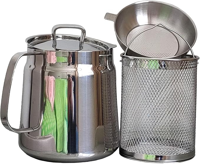 2L/68oz 304 Stainless Steel Oil Filter Pot - Large Capacity Multifunctional Grease Container with Strainer & Frying Basket - Ideal for Kitchen & Camping(Bright)