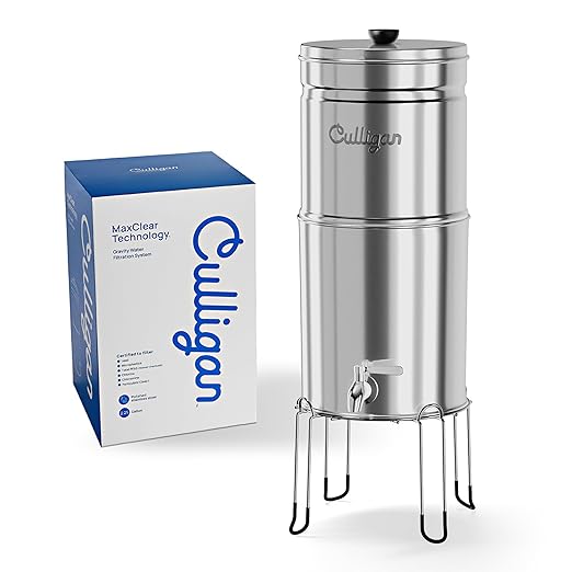 Culligan MaxClear 3 Gallon Gravity Water Filter System, Polished Stainless-Steel Countertop Water Filter NSF/ANSI Certified to Reduce Microplastics, Lead & Total PFAS, with 2 Ceramic Filters