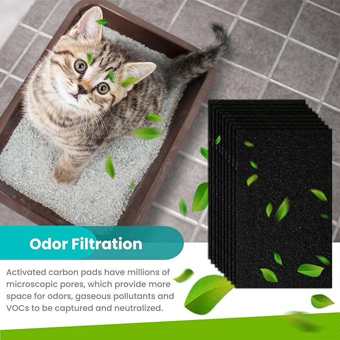 10-Pack 4.5" x 6.5" Carbon Filter Pads for Covered Cat Litter Boxes – Odor Control Replacement Liners for Enclosed Litter Systems