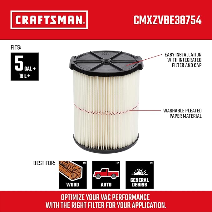 CRAFTSMAN CMXZVBE38754 Genuine General Purpose Wet Dry Vac Replacement Vacuum Filter for Most 5 to 20 Gallon CRAFTSMAN Shop Vacuums, Easy Installation and Traps General Debris