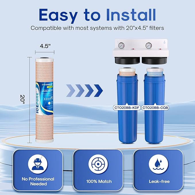ICEPURE 4.5"x 20" Whole House CTO Carbon Water Filter, 20 Inch Water Filtration System Combo Kit with KDF Cartridge and Upgraded Activated Carbon Lead Remove Filter Replacement for Home, Pack of 1