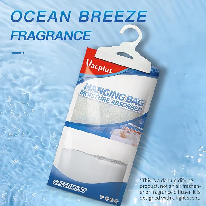 Vacplus Moisture Absorbers, Hanging Closet Dehumidifier Bags, Humidity Packs, Desiccant, Closet Dehumidifiers with Ocean Breeze Fragrance, 10 Pack, 9.8 OZ
