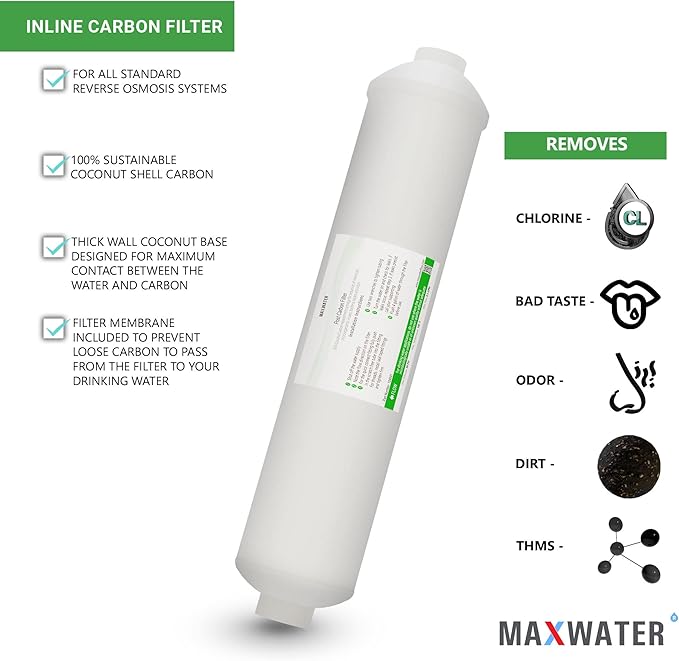 Post Activated Carbon Water Filter Replacement – 5 Micron Inline Filter – 10 inch Inline Carbon Filter– Under Sink and Reverse (10 Pack) Compatible with Standard RO Water Filtration Systems