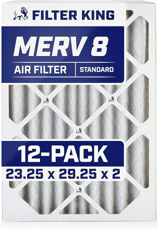 Filter King 23.25x29.25x2 Air Filter (MERV 8) (12-Pack) Dust & Allergy Control AC Furnace Filters, MADE IN USA, HVAC, Pleated, Electrostatic (Actual Size: 23.25 x 29.25 x 1.75)