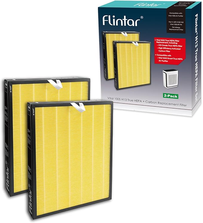 Flintar Vital 100S Pet Allergy Replacement Filter, Compatible with LEVOIT Vital 100S Air Purifier, H13 True HEPA + Activated Carbon Replacement filter, Part # Vital 100S-RF-PA, 2-Pack