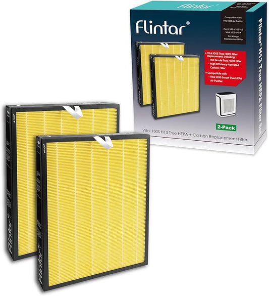 Flintar Vital 100S Pet Allergy Replacement Filter, Compatible with LEVOIT Vital 100S Air Purifier, H13 True HEPA + Activated Carbon Replacement filter, Part # Vital 100S-RF-PA, 2-Pack
