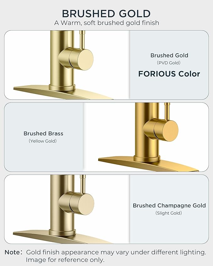 FORIOUS Gold Kitchen Faucet with Soap Dispenser, High Arc Modern Sink Faucet with Pull Down Sprayer and Deck Plate Fit for 1 or 3 Hole for Pot Filler Bar Farmhouse Laundry Rv, Brushed Gold