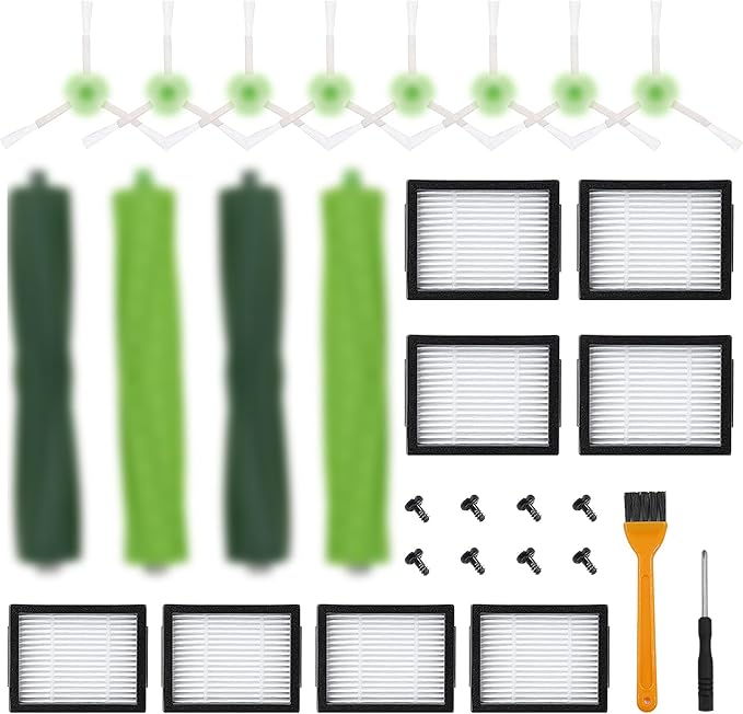 18 Pack Compatible with E/i/j Series Replacement Parts, E5 E6 E7 i2 i3 i3+i4 i4+ i6 i6+ i7 i7+ i8 i8+/Plus, 2 sets of multi-surface rubber roller brush 8 filters 8 side brushes