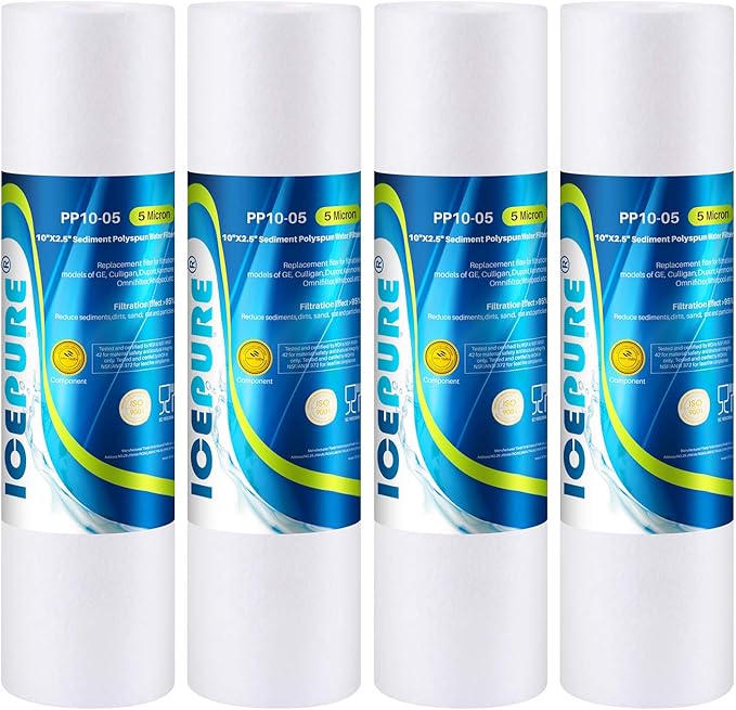 ICEPURE 10"X2.5" 5 Microns Whole House Sediment RO System Water Filter Replacement for Any 10 inch RO Unit,Dupont WFPFC5002, Aqua Pure AP110, Culligan P5,GE FXUSC, Whirpool WHKF-GD05,PP10-05,4PACK
