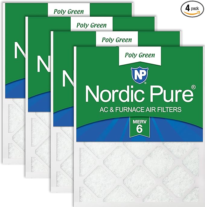 Nordic Pure 25x25x1 (Actual Size: 24 1/2 x 24 1/2 x 3/4) Poly Green MERV 6 AC Furnace Air Filters – Reduces Dust, Pollen, Pet Dander & Allergens – 4-Pack