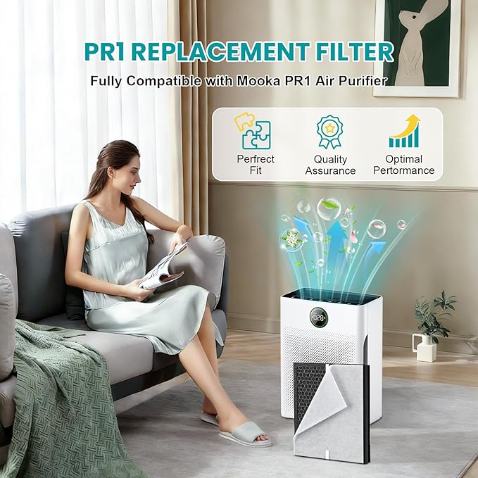 2 Pack PR1 Replacement Filter for Mooka PR1 Air Purifier,H13 True HEPA Filter for Home Large Room up to 2200sq.ft, with 8Pcs Washable Filter for Pets