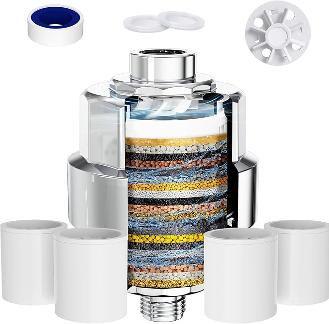 Shower Filter, EMBATHER 20 Stage Shower Head Filter for Hard Water Remove Chlorine/Fluoride/Heavy Metals,High Output Shower Softener Filter for Hair, 4 Cartridge –Polished Chrome