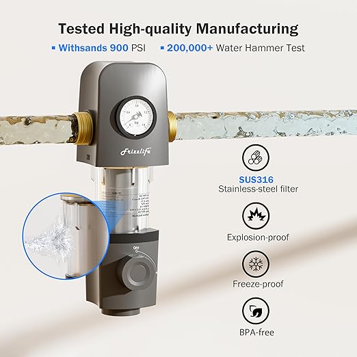 Frizzlife 40 & 100 Micron Spin Down Sediment Water Filter Built-in Scraper, Reusable and Flushable Whole House Pre-Filtration System, Flushable Filtration, 1" + 3/4" NPT, BPA Free, JG40-100