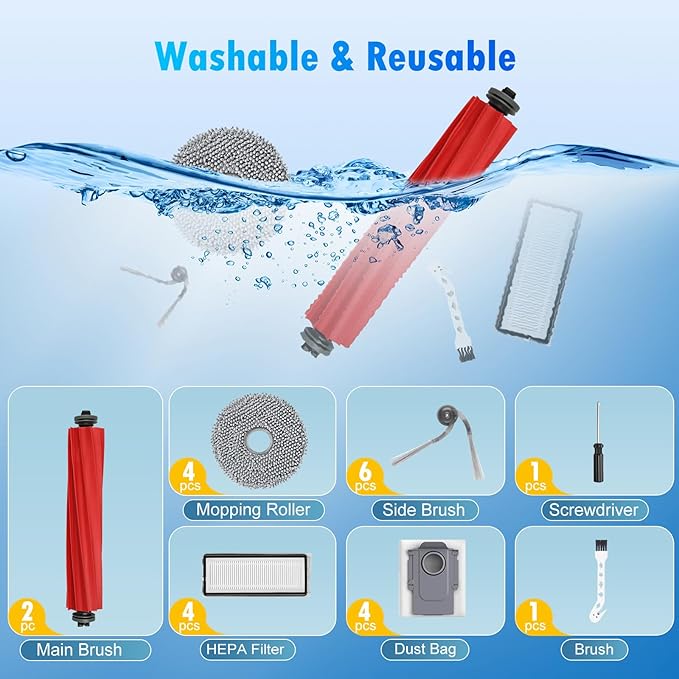 22 Pack Replacement Accessories Kit Compatible with Roborock QV 35A/QV 35S Robot Vacuum, 2 Main Brush, 6 Side Brush, 4 HEPA Filter, 4 Mop Pads, 4 Dust Bag